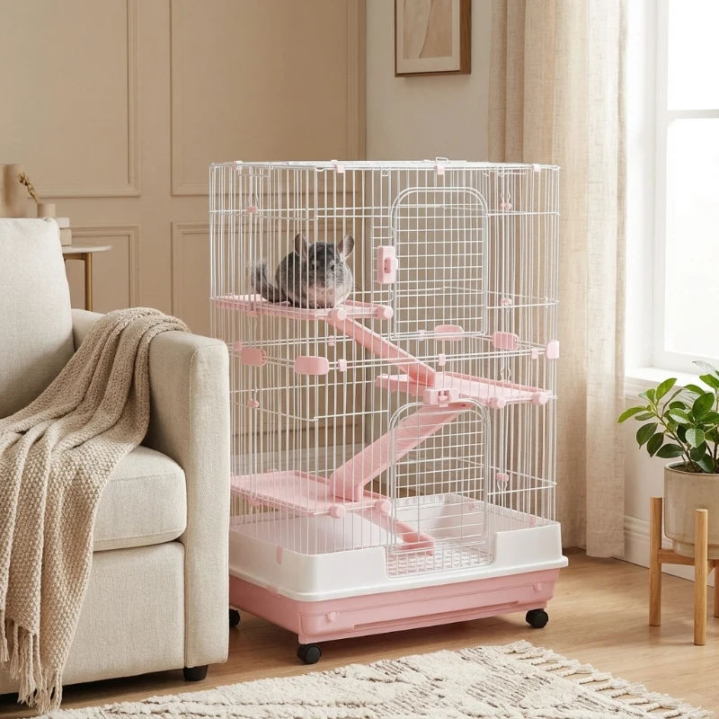 PawHut 32"L 4-Level Small Animal Cage Rabbit Hutch with Wheels, Slide-out Tray for Bunny, Chinchillas, Ferret, Pink