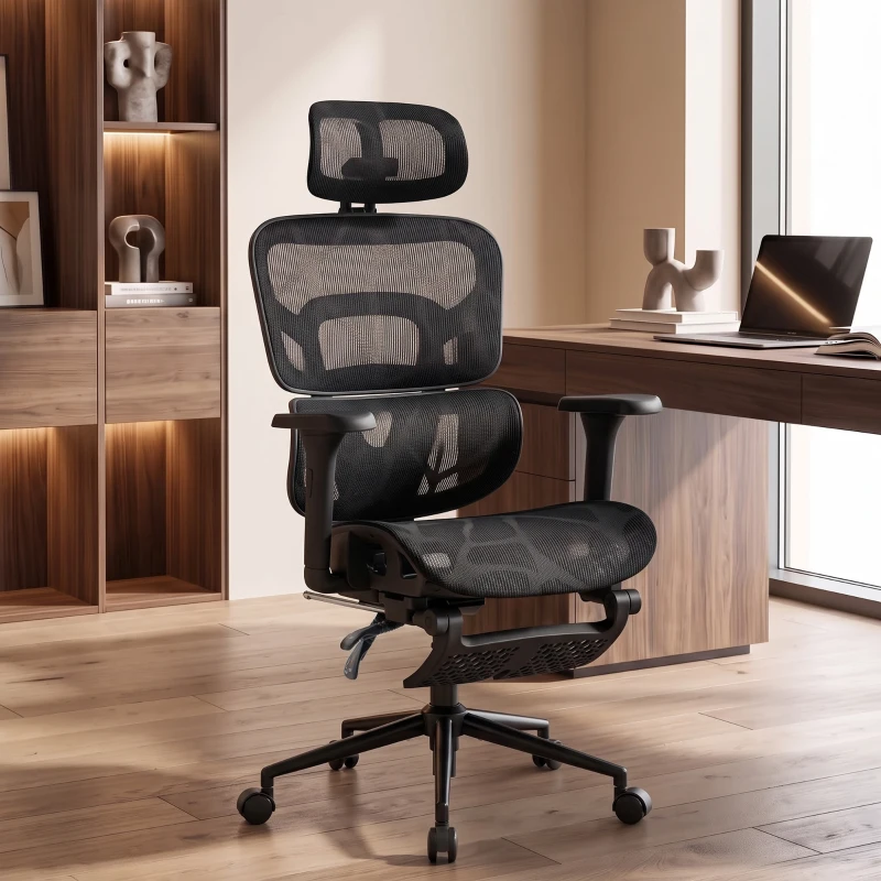 HOMCOM Ergonomic Office Chair with Lumbar Support, 2D Headrest, Mesh Reclining Desk Chair with Footrest, Swivel Wheels, Black