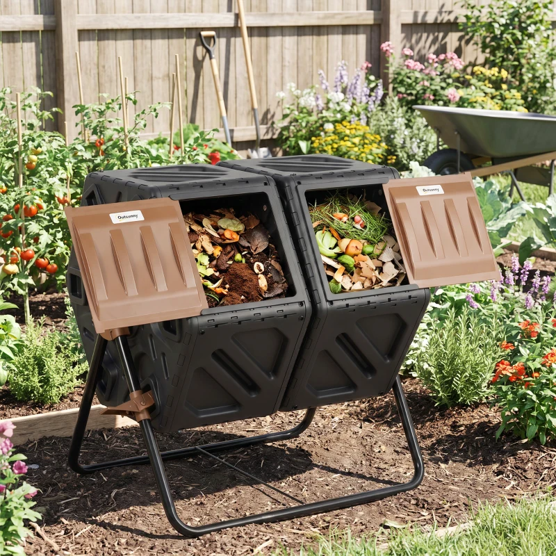 Outsunny Dual Chamber Compost Tumbler Bin, Outdoor Tumbling Composter with 24 Ventilation Openings and Steel Legs, 34.5 Gallon
