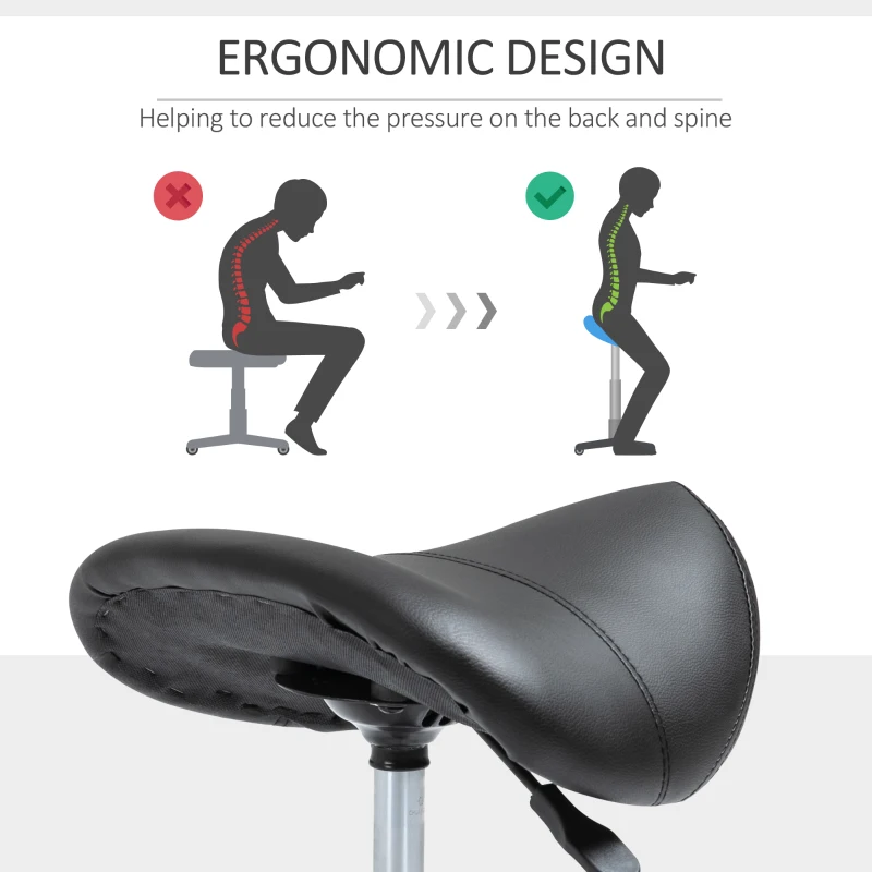 HOMCOM Adjustable Hydraulic Rolling Salon Stool Swivel Saddle Chair Spa Beauty Seat PU Leather,  Black