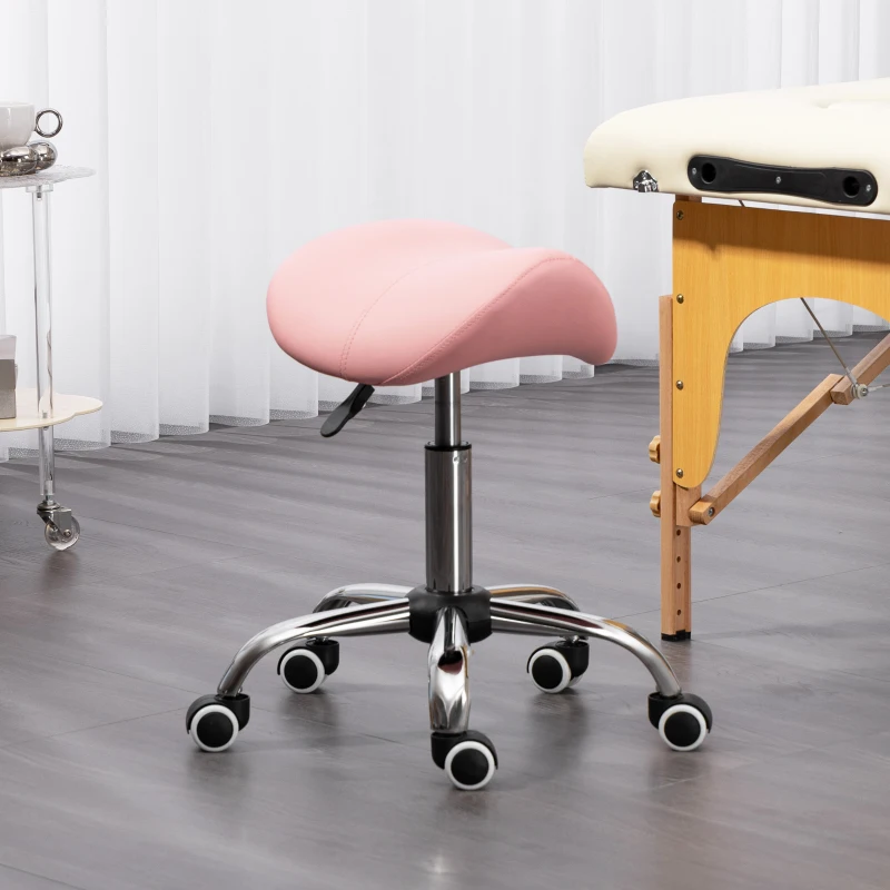 HOMCOM Cosmetic Stool 360° Rotate Height Adjustable Salon Massage Spa Chair Hydraulic Rolling Faux Leather Saddle Stool, Pink