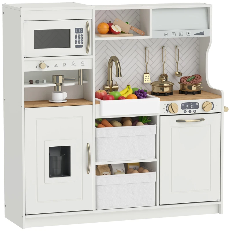 Qaba Play Kitchen, Kids Kitchen Playset with Coffee Machine, Ice Maker, Microwave, Oven, Storage, Gift for Toddlers 3+, White