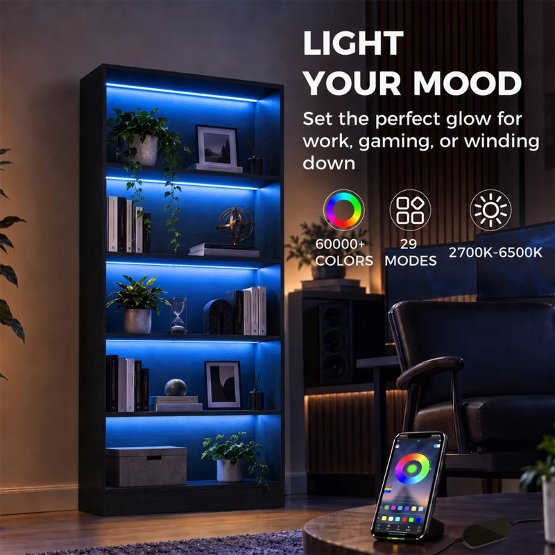 HOMCOM Bookshelf with LED Lights, 5-Tier Bookcase, Cable Holes, for Living Room, Study, Black Wood Grain