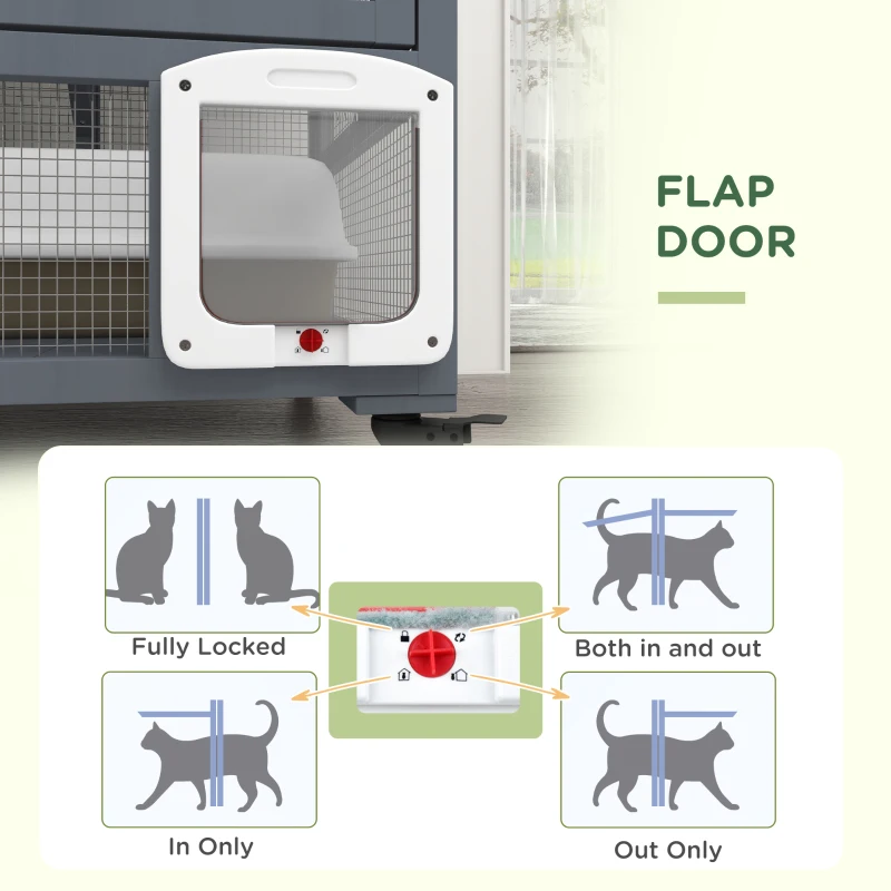 PawHut Cat Condo Wooden Indoor Cat House on Wheels with Cat Flap Door Platforms Hammock Openable Top for 2 Cats, Light Grey