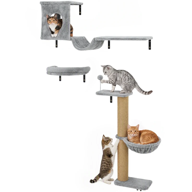 PawHut 3-In-1 Cat Wall Shelves with Condo, Bed, Hammock, Scratching Post and Spring Ball, Gray