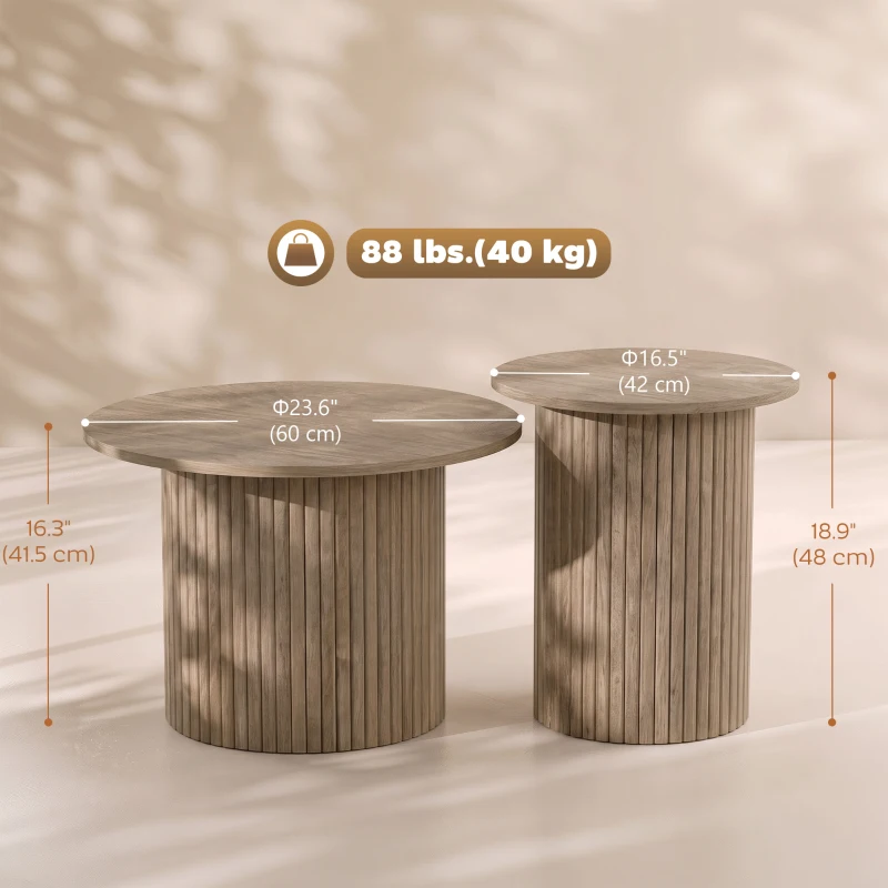 HOMCOM Round Nesting Coffee Table Set of 2, Fluted Mid Century Modern Circle Side Tables, Weathered Coffee Wood Grain