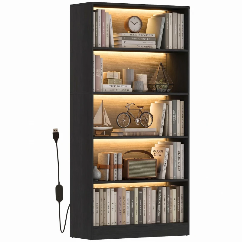 HOMCOM Bookshelf with LED Lights, 5-Tier Bookcase, Cable Holes, for Living Room, Study, Black Wood Grain