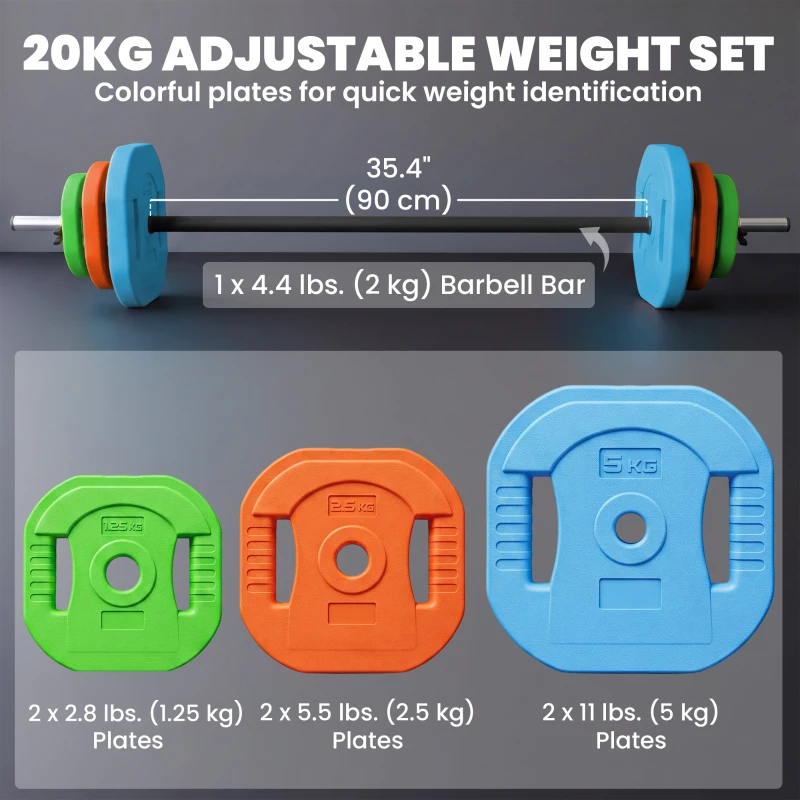 Soozier 44lbs Adjustable Barbell Weight Set, Barbell Bar with Weight Plates, Non-slip Handle, Multicolour