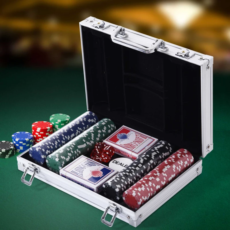 Soozier Poker Chip Set with Aluminum Case, 200 Striped Poker Chips, 2 Decks of Cards, 5 Dice, Dealer Button, Silver