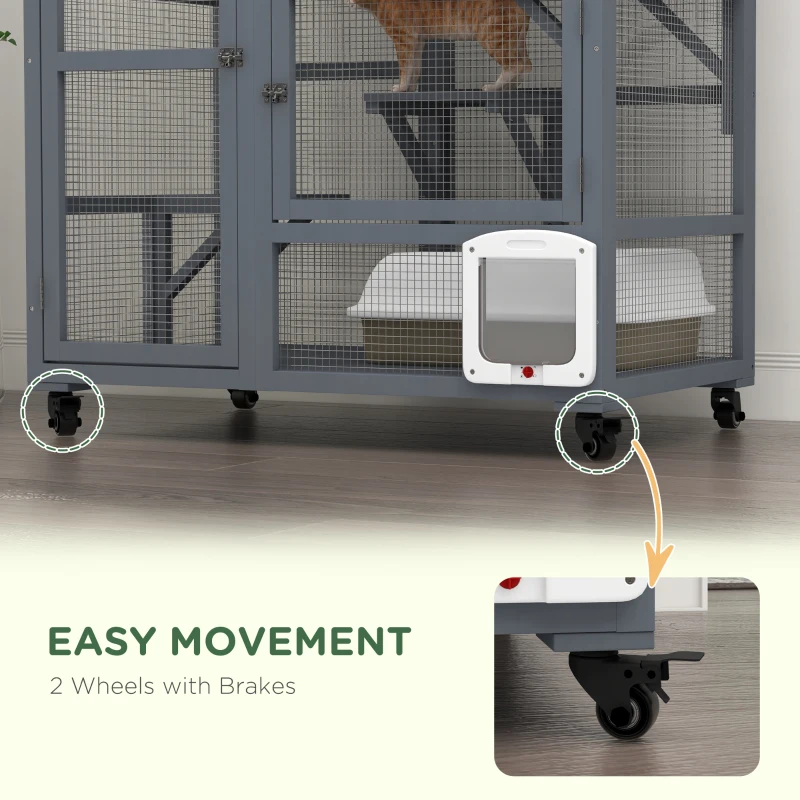 PawHut Cat Condo Wooden Indoor Cat House on Wheels with Cat Flap Door Platforms Hammock Openable Top for 2 Cats, Light Grey