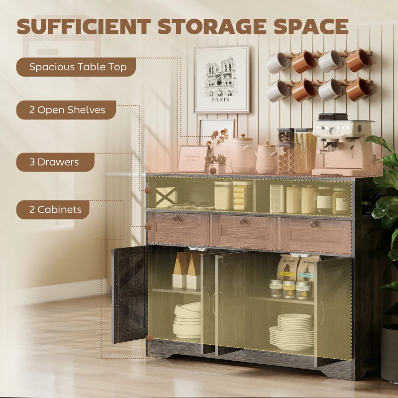 HOMCOM Sideboard, Buffet Cabinet with 4 Barn Doors and 3 Drawers, Coffee Bar Cabinet with Adjustable Shelves, Dark Brown