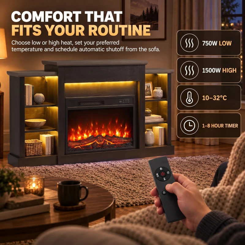 HOMCOM 55" Fireplace TV Stand for TVs up to 65", Entertainment Center TV Console, RGB LED Strips, 6 Shelves, Black Wood Grain