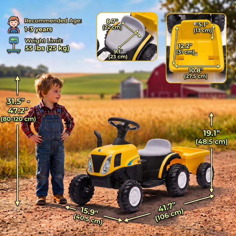 Qaba 2 in 1 Kids Ride On Tractor, 6V Electric Vehicle with Detachable Trailer, Music, Horn, Lights for Ages 1-3 Years, Yellow