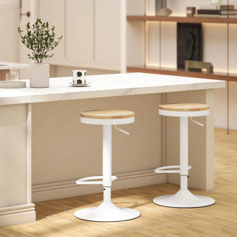 HOMCOM Wood Barstools Set of 2, Swivel Bar Stools with Adjustable Height for Kitchen Counter, Natural Wood and White