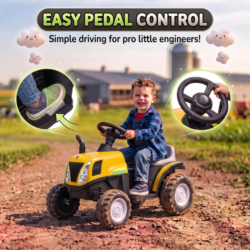 Qaba 2 in 1 Kids Ride On Tractor, 6V Electric Vehicle with Detachable Trailer, Music, Horn, Lights for Ages 1-3 Years, Yellow