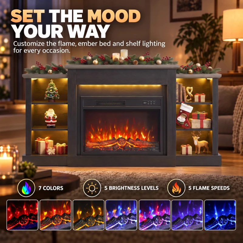 HOMCOM 55" Fireplace TV Stand for TVs up to 65", Entertainment Center TV Console, RGB LED Strips, 6 Shelves, Black Wood Grain