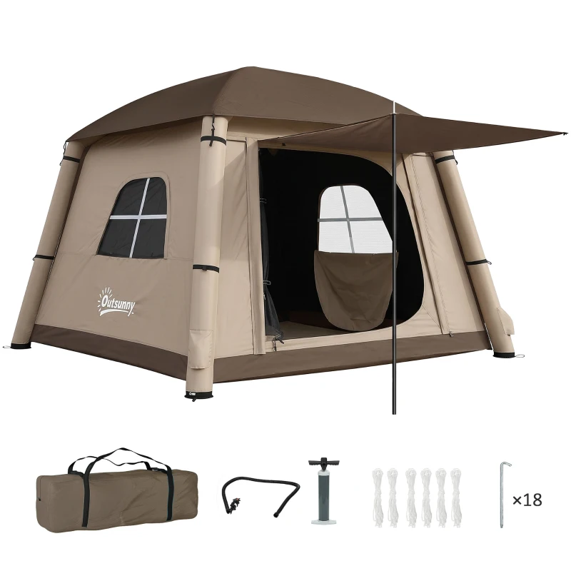 Outsunny Inflatable Camping Tent, 1-2 Person Glamping Tent with Hand Pump, Blow Up Tent with Doors, Carry Bag, Khaki and Brown