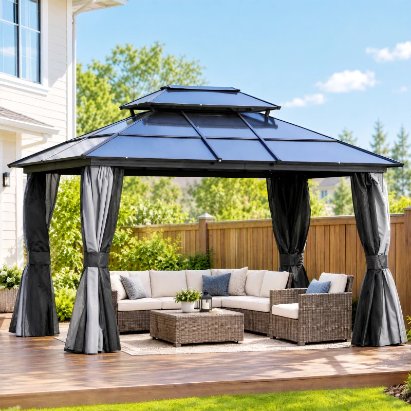 Outsunny 10' x 12' Hardtop Gazebo Canopy with Polycarbonate Roof, Aluminum Frame, Light Gray