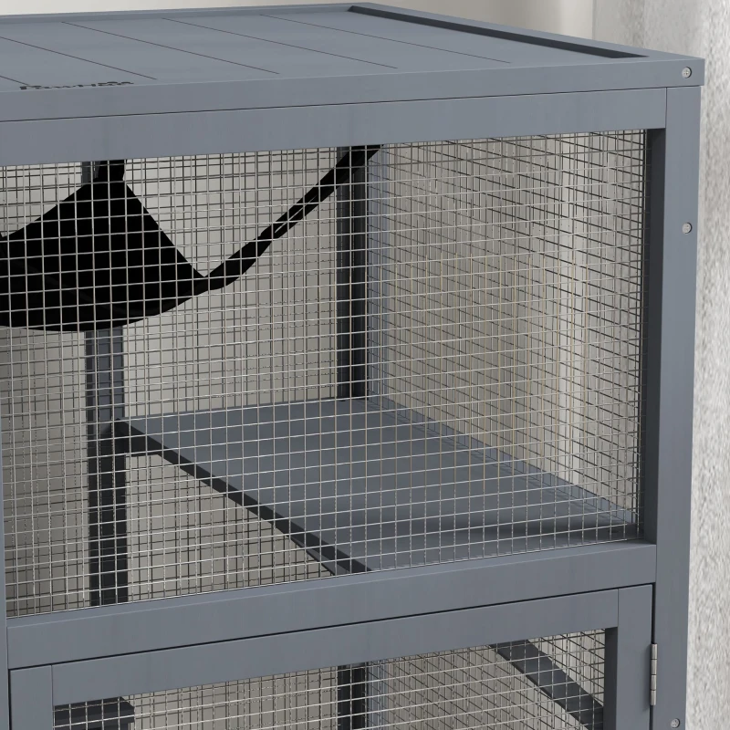 PawHut Cat Condo Wooden Indoor Cat House on Wheels with Cat Flap Door Platforms Hammock Openable Top for 2 Cats, Light Grey