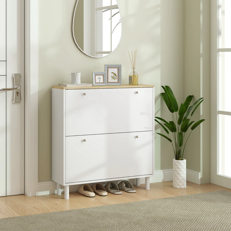HOMCOM 2 Drawers Shoe Storage Cabinet with Adjustable Shelves for 16 Pairs of Shoes, White