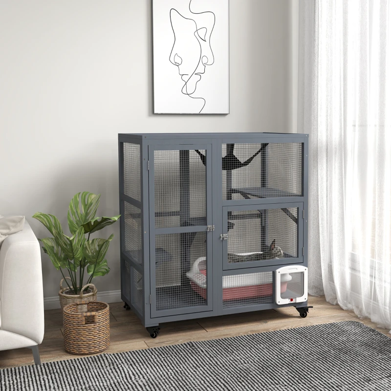 PawHut Cat Condo Wooden Indoor Cat House on Wheels with Cat Flap Door Platforms Hammock Openable Top for 2 Cats, Light Grey
