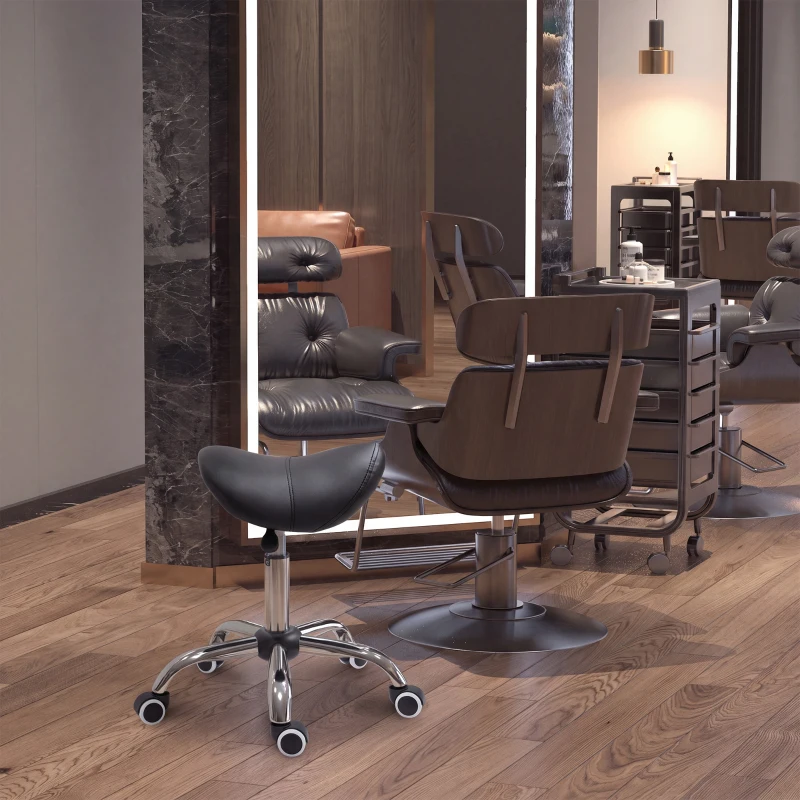 HOMCOM Adjustable Hydraulic Rolling Salon Stool Swivel Saddle Chair Spa Beauty Seat PU Leather,  Black