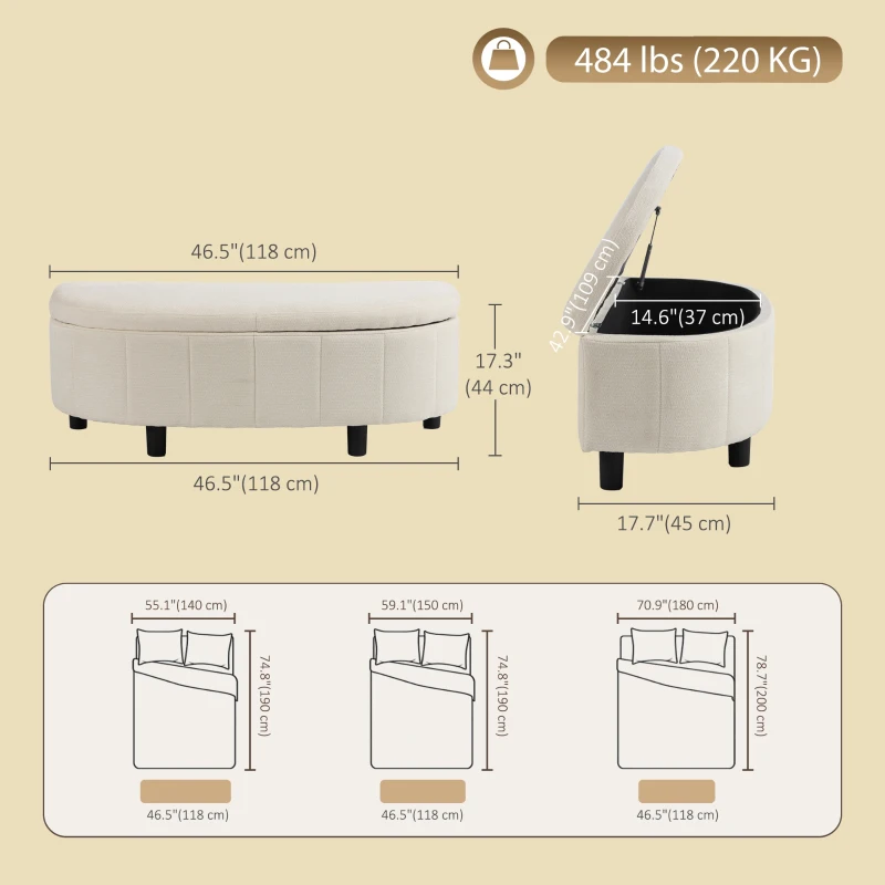 HOMCOM Chenille Fabric Semi-Round Ottoman with Hydraulic Lift-Top Storage, 484 lbs Capacity, Footstool, Cream White