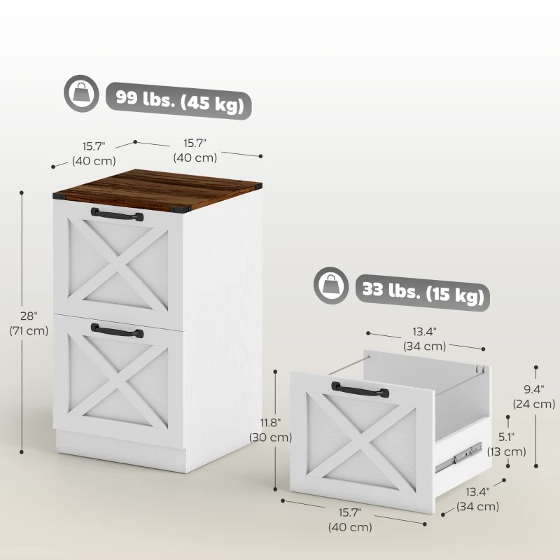 HOMCOM Vertical Storage Drawers Farmhouse X Pattern Printer Stand Fits Letter Files 2 Drawers White