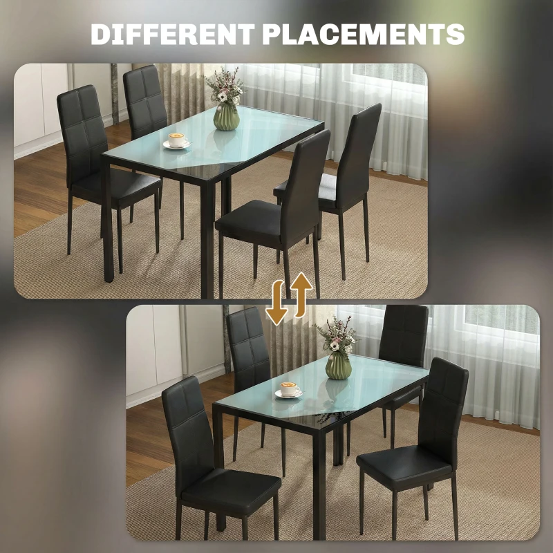HOMCOM 5-Piece Rectangular Glass Kitchen Table and Chairs with Metal Frame and Faux Leather Upholstery for Dining Room, Black