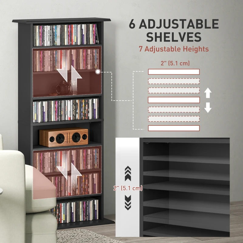 HOMCOM 8-Tier DVD Shelf with 6 Adjustable Shelves, Slim CD Shelf, Holds 360 CDs, 185 DVDs or 185 Blu-rays, Black