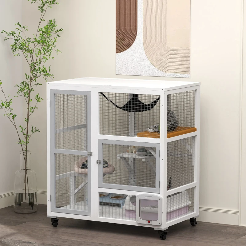 PawHut Cat House, Indoor Cat Enclosure on Wheels with Openable Top, 39", White