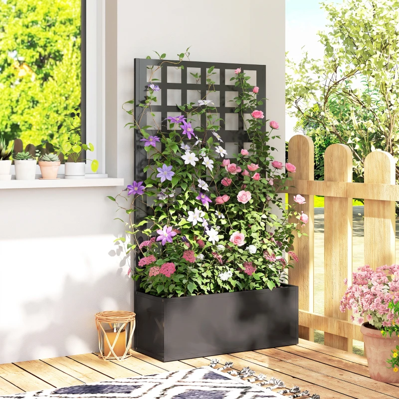 Outsunny Galvanized Raised Garden Bed Planter Box with Trellis for Climbing Plants, Vegetable, Vines, 24" x 9" x 44.5", Black