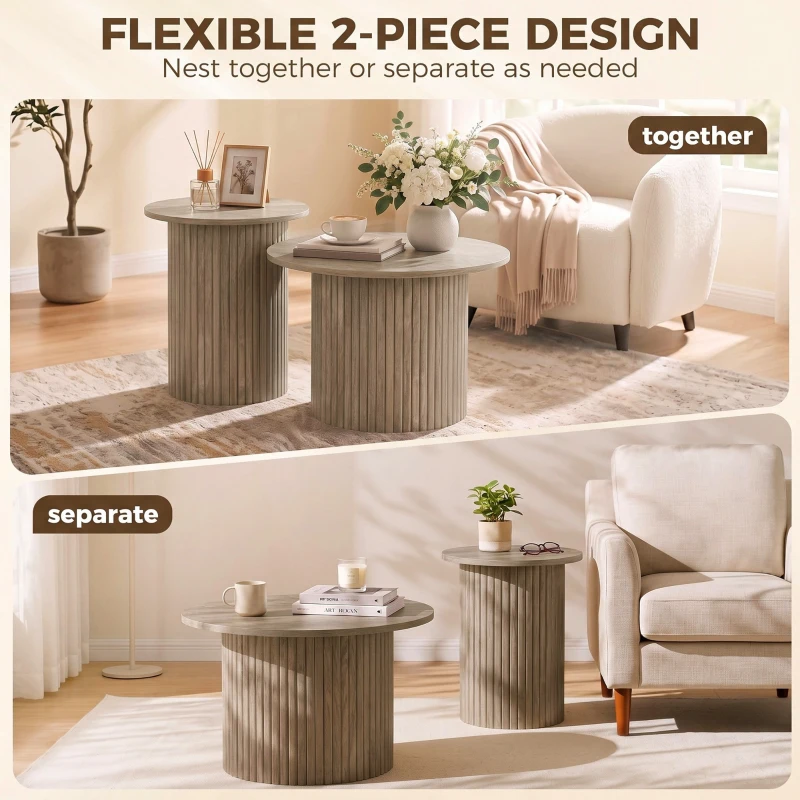 HOMCOM Round Nesting Coffee Table Set of 2, Fluted Mid Century Modern Circle Side Tables, Weathered Coffee Wood Grain