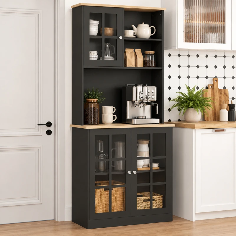 HOMCOM Kitchen Buffet with Hutch, Storage Pantry with 3 Cabinets, 2 Open Shelves and Large Countertop, Black(m-21)