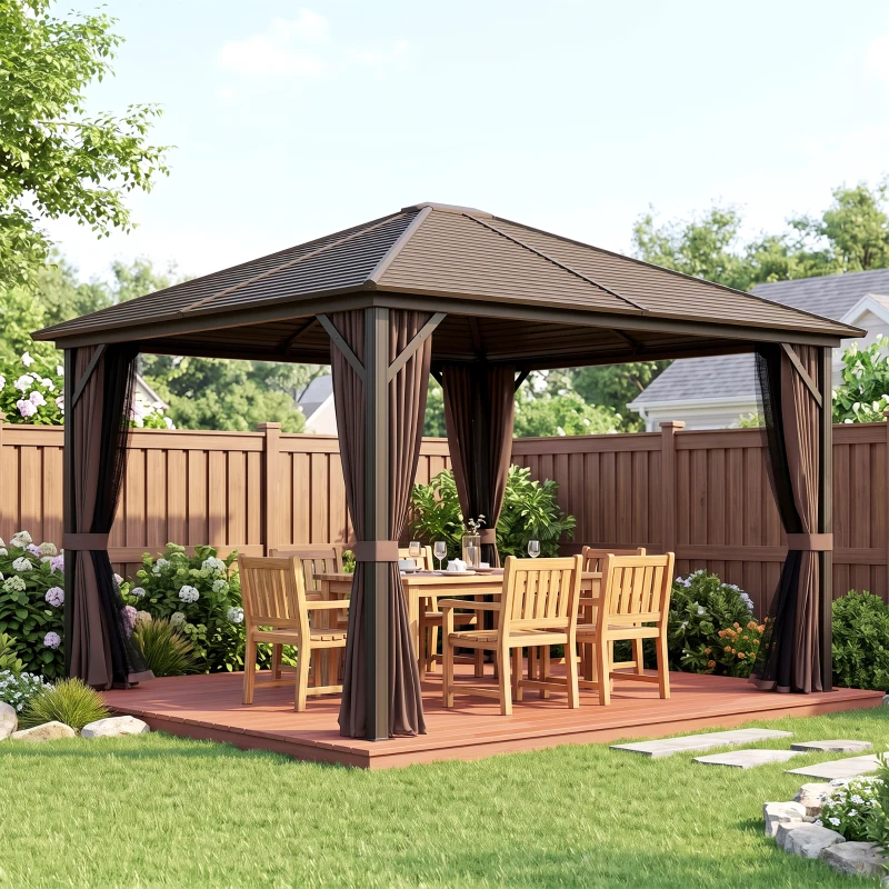 Outsunny 10' x 12' Hardtop Gazebo with Curtains and Netting, Gazebo Canopy with Aluminum Frame and Hooks, Coffee