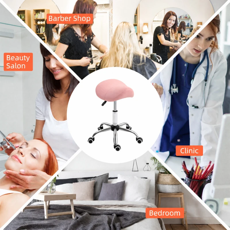 HOMCOM Cosmetic Stool 360° Rotate Height Adjustable Salon Massage Spa Chair Hydraulic Rolling Faux Leather Saddle Stool, Pink
