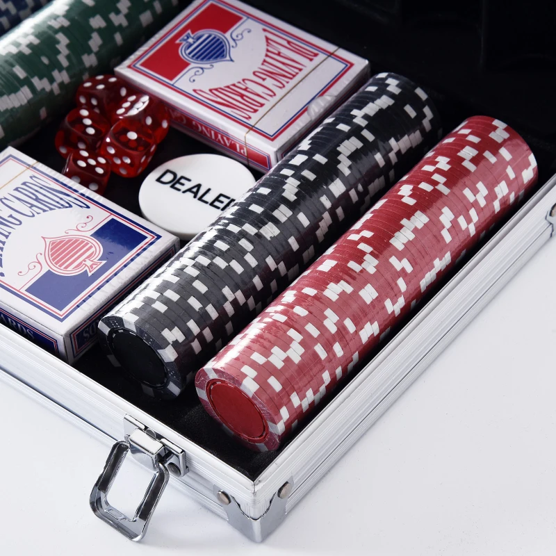 Soozier Poker Chip Set with Aluminum Case, 200 Striped Poker Chips, 2 Decks of Cards, 5 Dice, Dealer Button, Silver