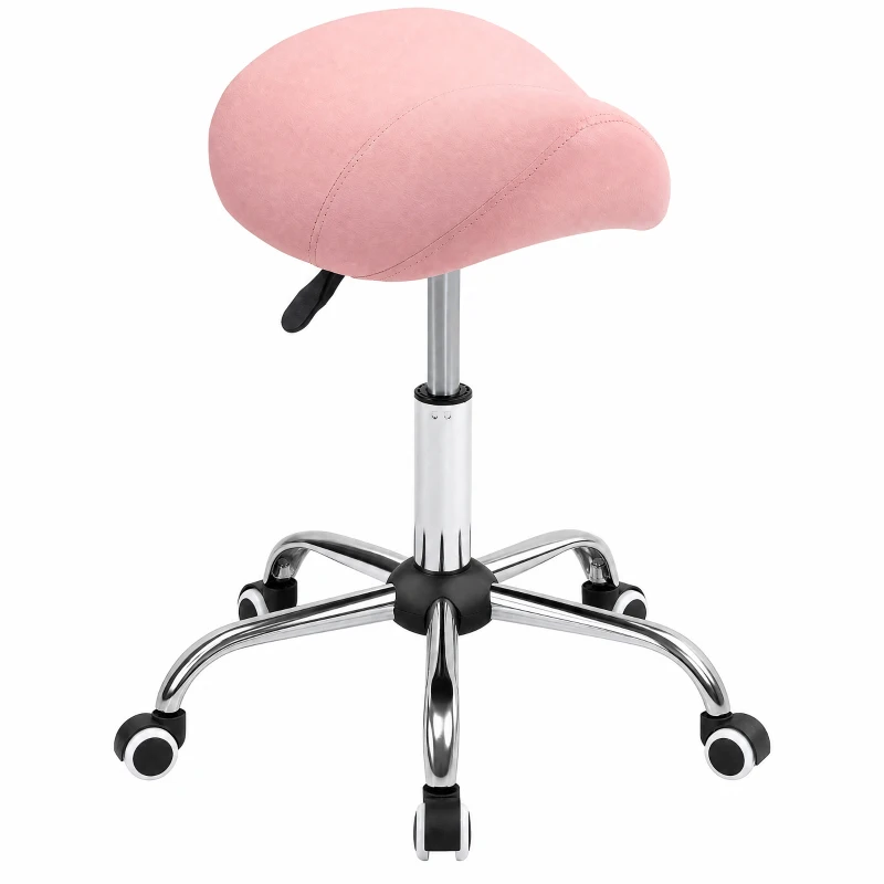 HOMCOM Cosmetic Stool 360° Rotate Height Adjustable Salon Massage Spa Chair Hydraulic Rolling Faux Leather Saddle Stool, Pink