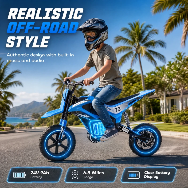 Qaba 24V Kids Electric Motorcycle with 180W Brushless Motor, Suspension, Soft Start, 12" Rubber Tires for 6+ Years, Blue