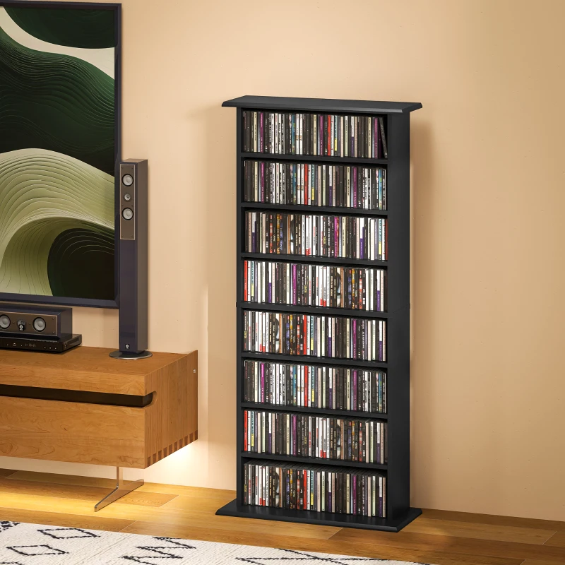 HOMCOM 8-Tier DVD Shelf with 6 Adjustable Shelves, Slim CD Shelf, Holds 360 CDs, 185 DVDs or 185 Blu-rays, Black