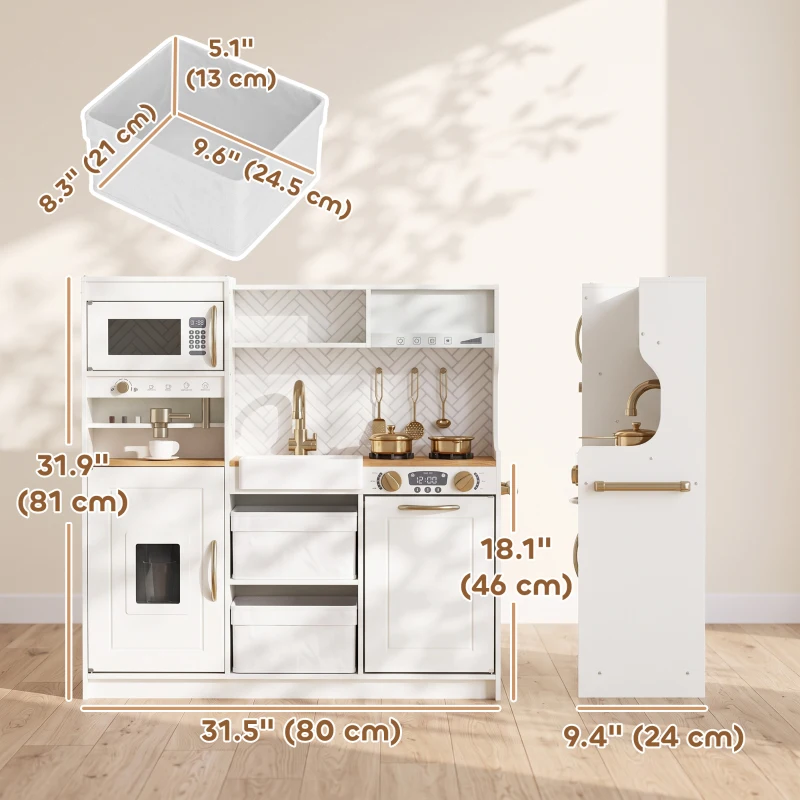 Qaba Play Kitchen, Kids Kitchen Playset with Coffee Machine, Ice Maker, Microwave, Oven, Storage, Gift for Toddlers 3+, White