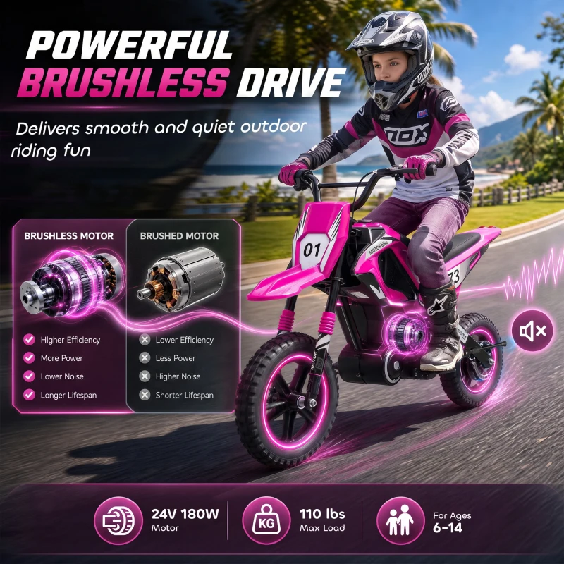 Qaba 24V Kids Electric Motorcycle with 180W Brushless Motor, Suspension, Soft Start, 12" Rubber Tires for 6+ Years, Pink