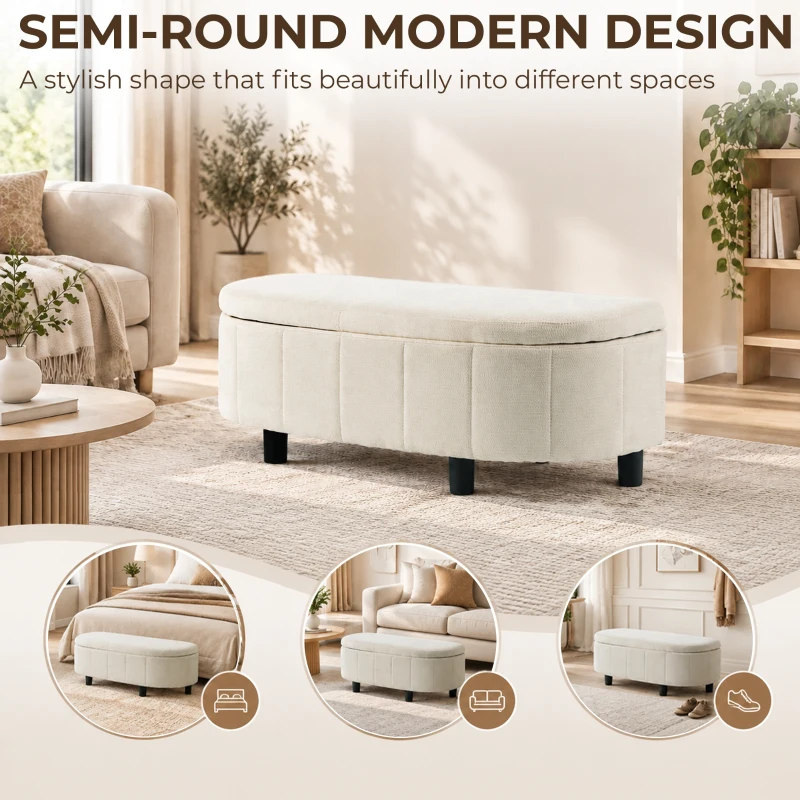 HOMCOM Chenille Fabric Semi-Round Ottoman with Hydraulic Lift-Top Storage, 484 lbs Capacity, Footstool, Cream White