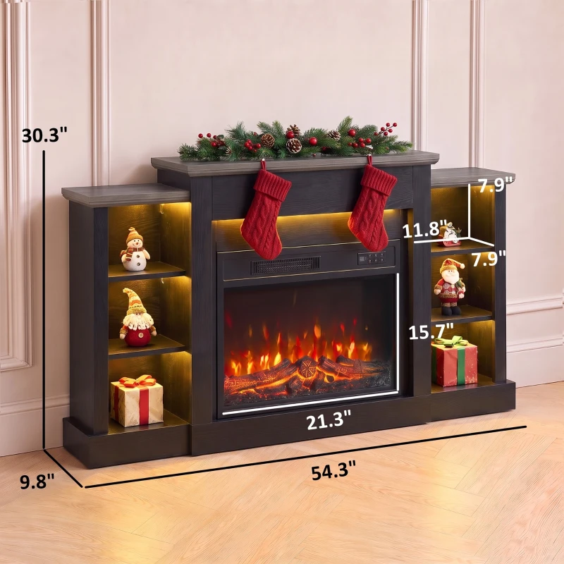 HOMCOM 55" Fireplace TV Stand for TVs up to 65", Entertainment Center TV Console, RGB LED Strips, 6 Shelves, Black Wood Grain