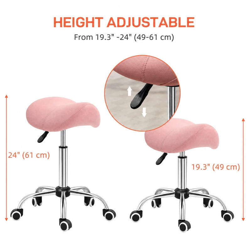 HOMCOM Cosmetic Stool 360° Rotate Height Adjustable Salon Massage Spa Chair Hydraulic Rolling Faux Leather Saddle Stool, Pink