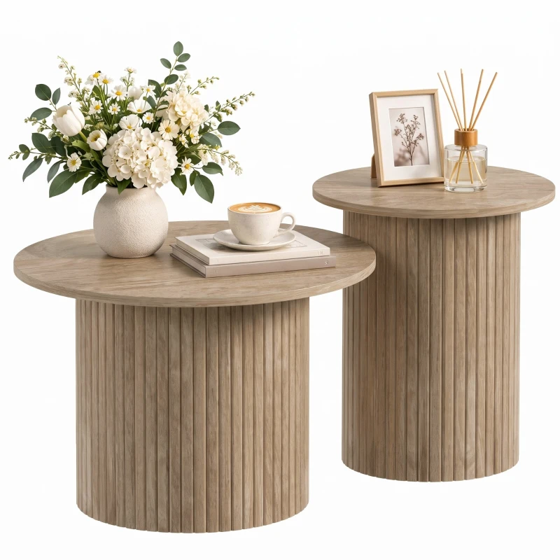 HOMCOM Round Nesting Coffee Table Set of 2, Fluted Mid Century Modern Circle Side Tables, Weathered Coffee Wood Grain