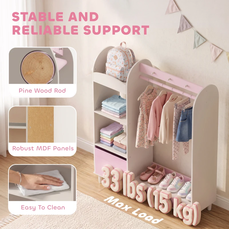 Qaba Kids Clothing Rack, Kids Wardrobe with Glowing Lights Mirror, Non-Woven Drawer and Shelves for Bedroom, Ages 3-8, Pink