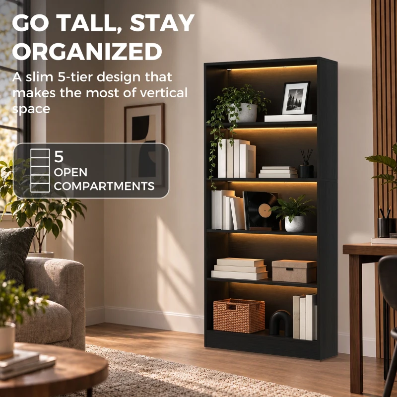 HOMCOM Bookshelf with LED Lights, 5-Tier Bookcase, Cable Holes, for Living Room, Study, Black Wood Grain