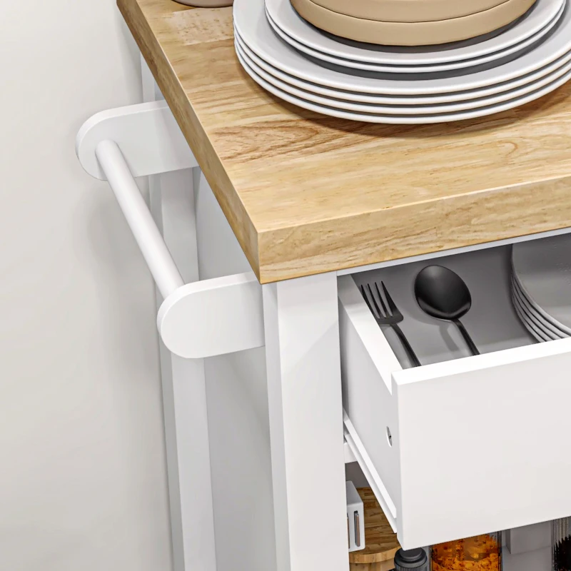 HOMCOM Kitchen Cart on Wheels, Rolling Kitchen Island Cart with Wood Top, Towel Rack, Drawer and Shelf for Dining Area, White