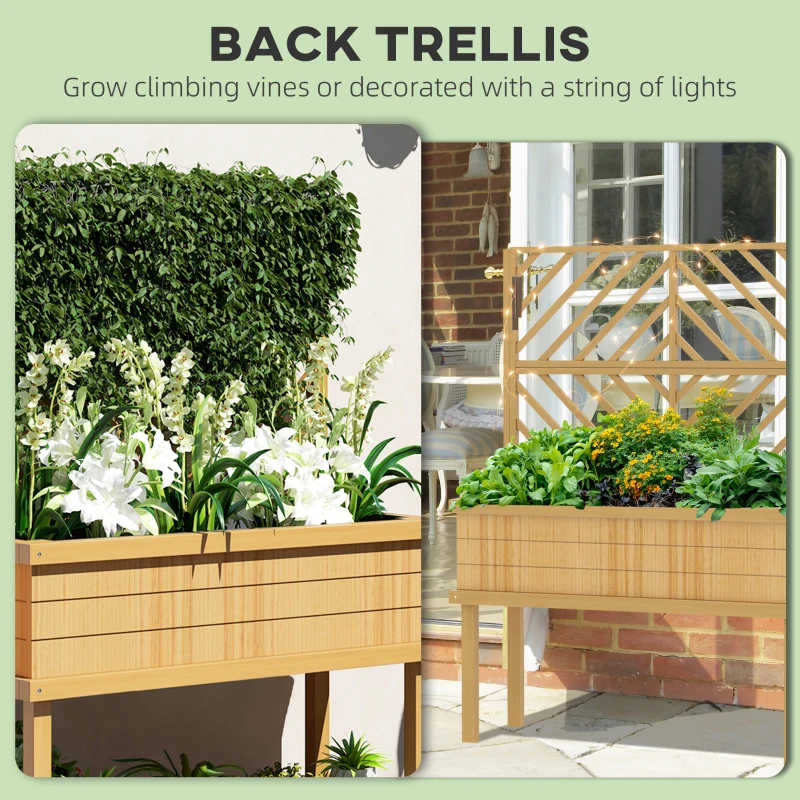 Outsunny Elevated Wood Raised Bed with Trellis for Climbing Vines, Raised Garden Bed with Legs and Drainage Holes, Natural Wood